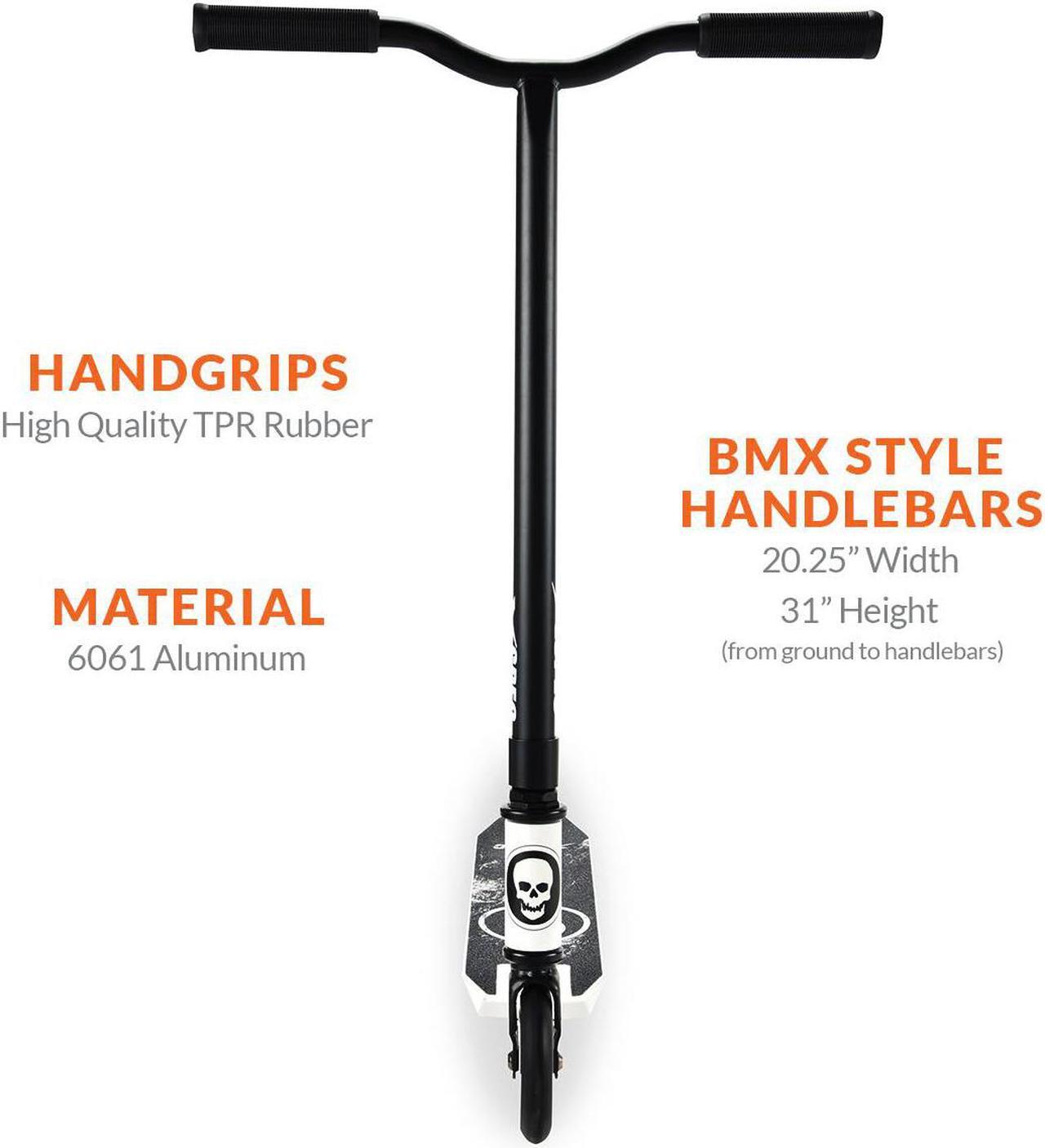 Alt view image 7 of 7 - Xspec Pro Stunt Kick Scooter w/ Strong Aluminum Deck, White & Black w/ Skulls