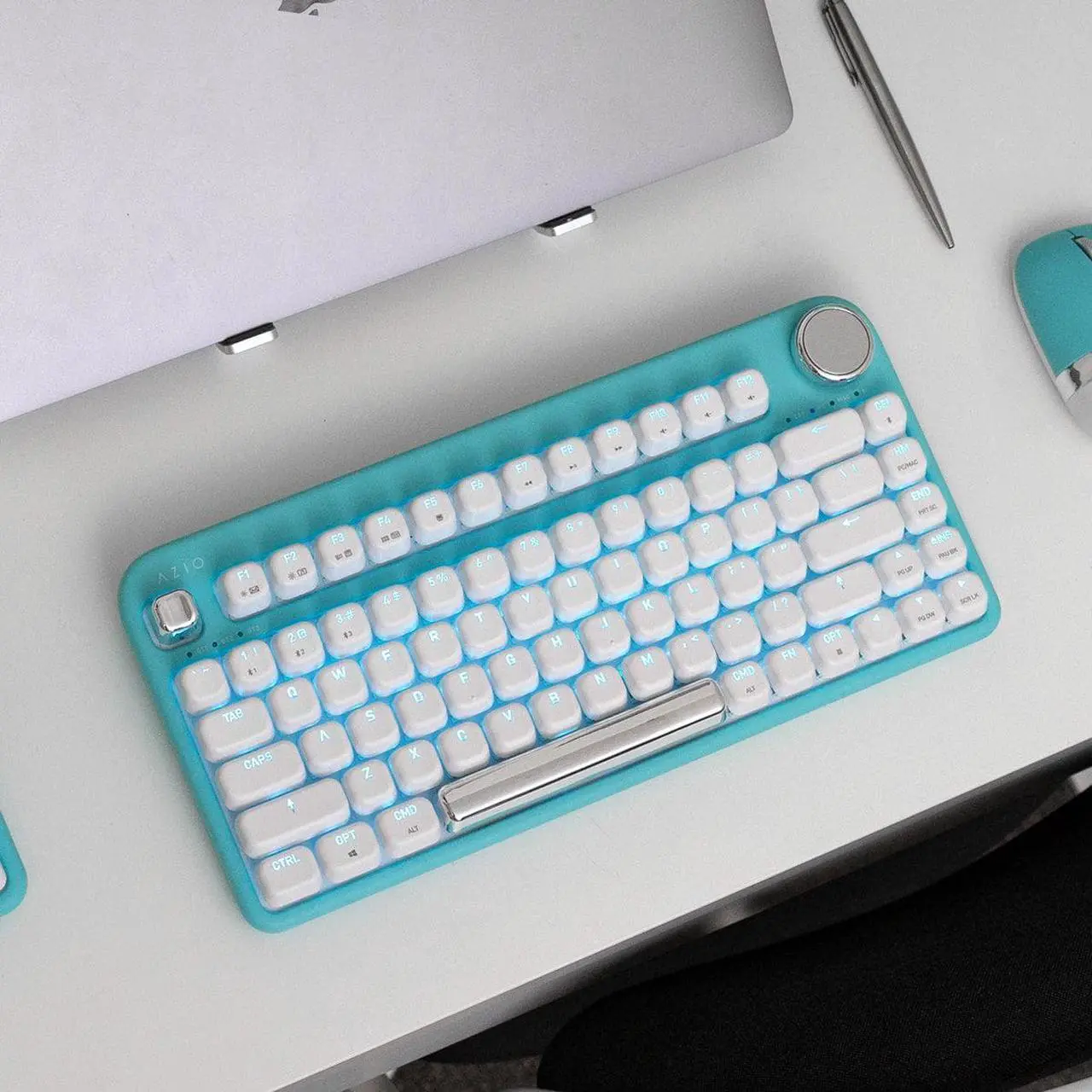 Alt view image 4 of 12 - Azio IK409 IZO Wireless BT5/USB PC & Mac Mechanical Keyboard, Pre-Lubed Red Switches, Mint Daisy