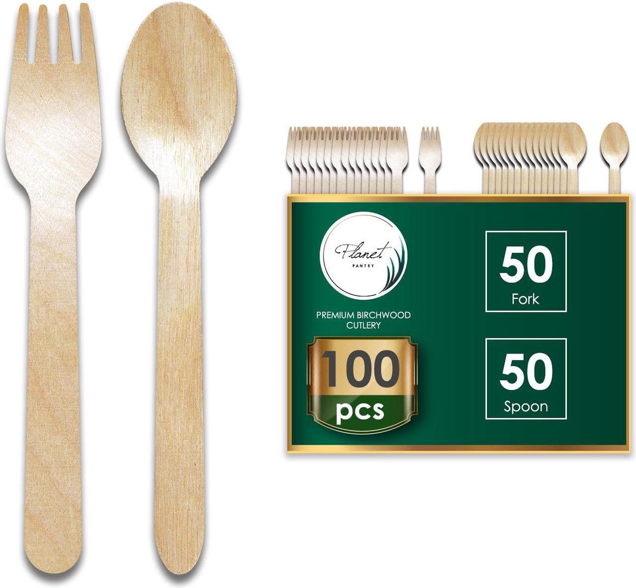 Main image of Planet Pantry Disposable Birchwood Cutlery Wooden Bamboo-Like for Party - Fork & Spoon - 50 pcs each