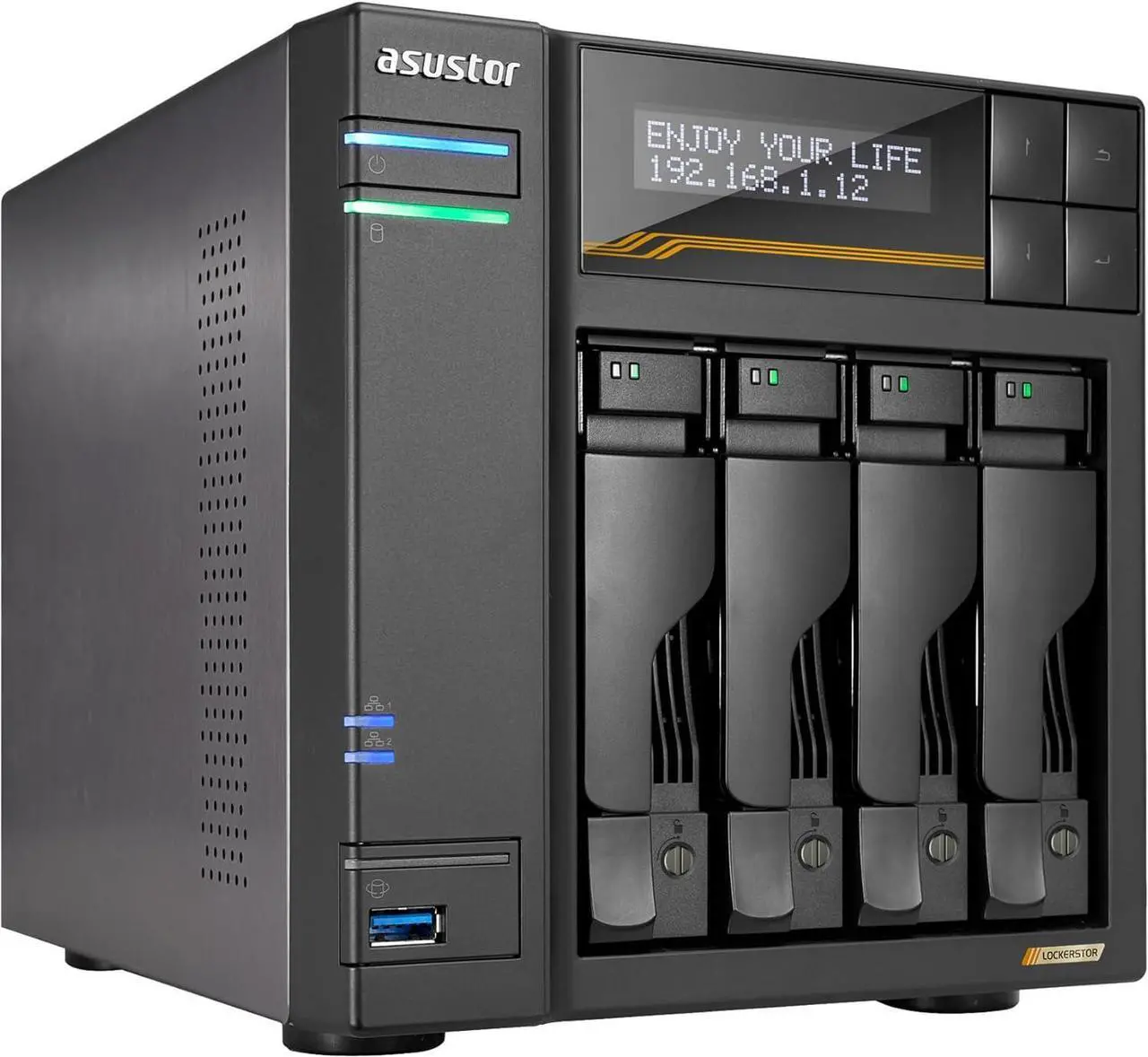Main image of Asustor Lockerstor 4 Gen3 AS6804T 4 Bay NAS, Quad-Core 2.3GHz CPU, Dual USB 4 Ports, Dual 10GbE Ports, Dual 5GbE Ports, 16G ECC RAM DDR5, Four M.2 SSD Slots (Diskless)