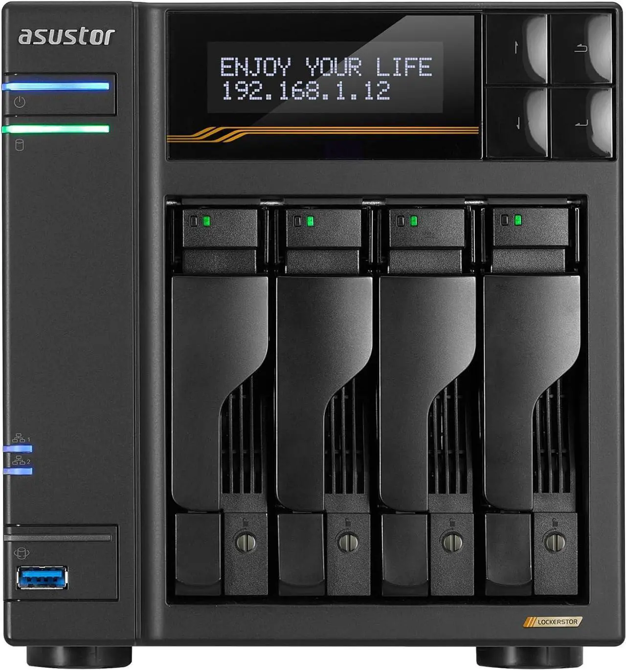 Alt view image 2 of 6 - Asustor Lockerstor 4 Gen3 AS6804T 4 Bay NAS, Quad-Core 2.3GHz CPU, Dual USB 4 Ports, Dual 10GbE Ports, Dual 5GbE Ports, 16G ECC RAM DDR5, Four M.2 SSD Slots (Diskless)