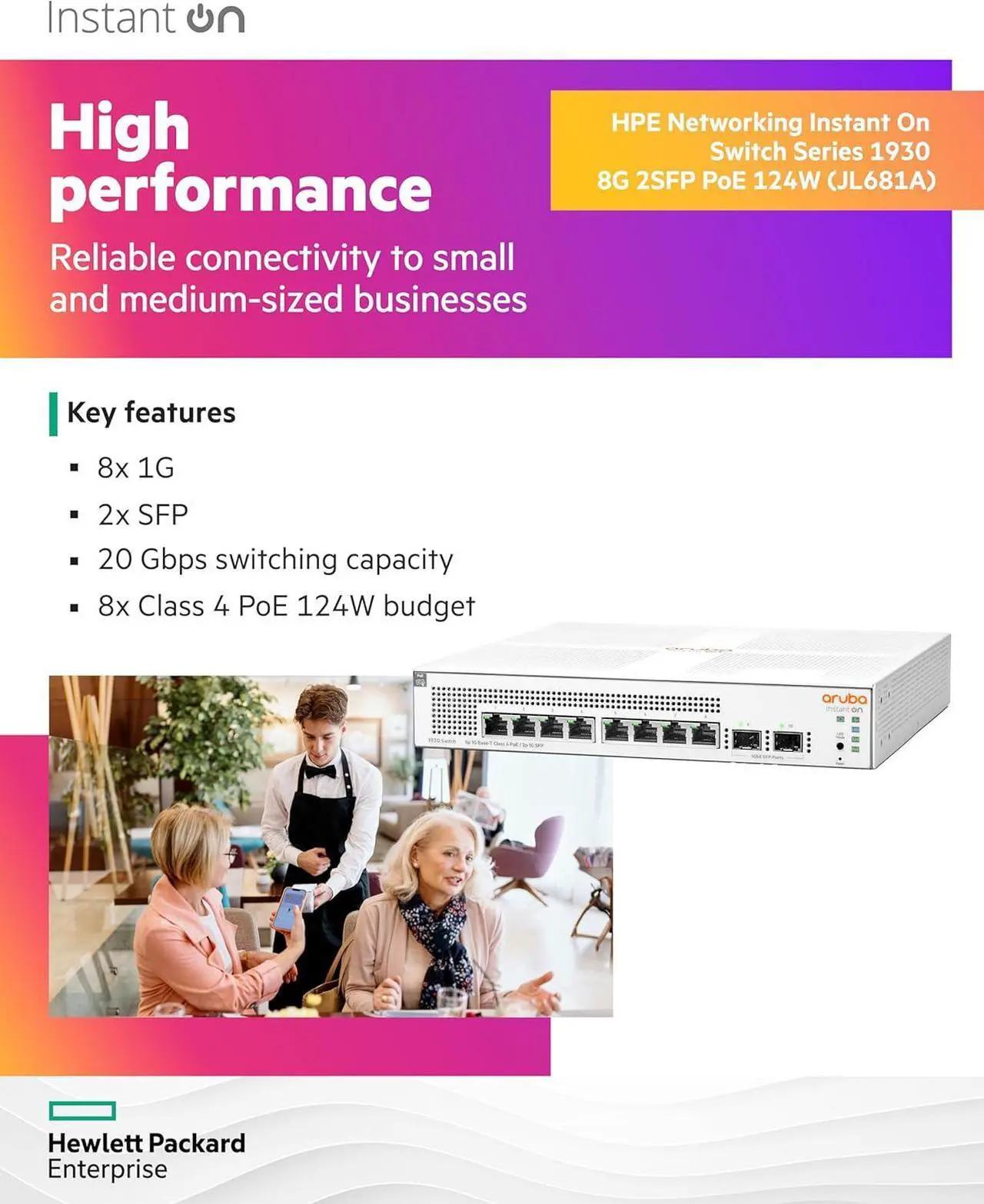 Alt view image 3 of 7 - HPE JL681A#AC3 Instant On 1930 8-Port PoE Gb Ethernet 8xGE PoE (124W), 2X 1G SFP, L2+ Smart Switch International Cord