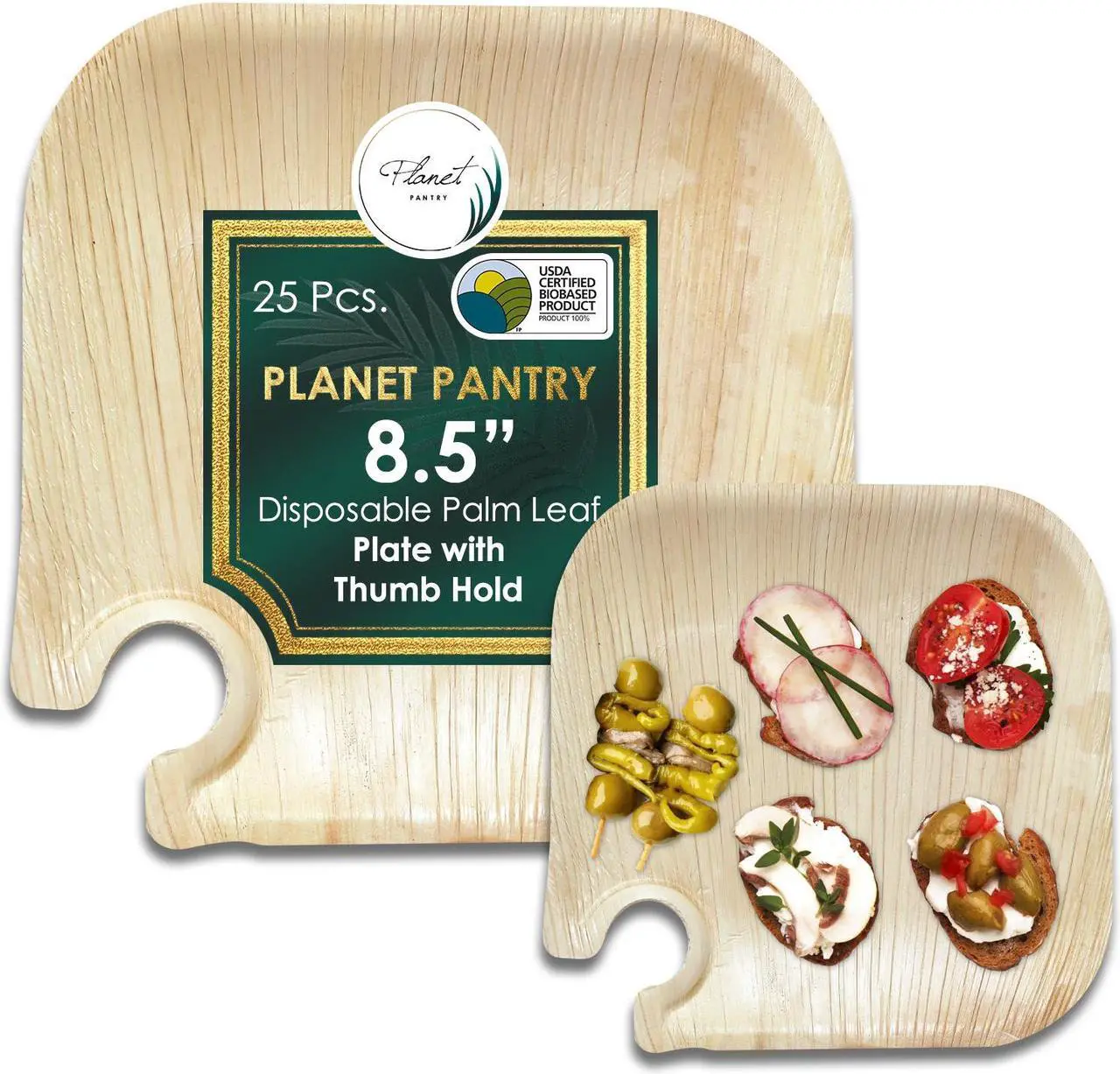 Main image of Planet Pantry Disposable Palm leaf 8.5" Plate with Thumb Hold (25 pcs) Wooden Bamboo-Like Paper and Plastic Alternative Eco-Friendly for Food, Buffet, Party