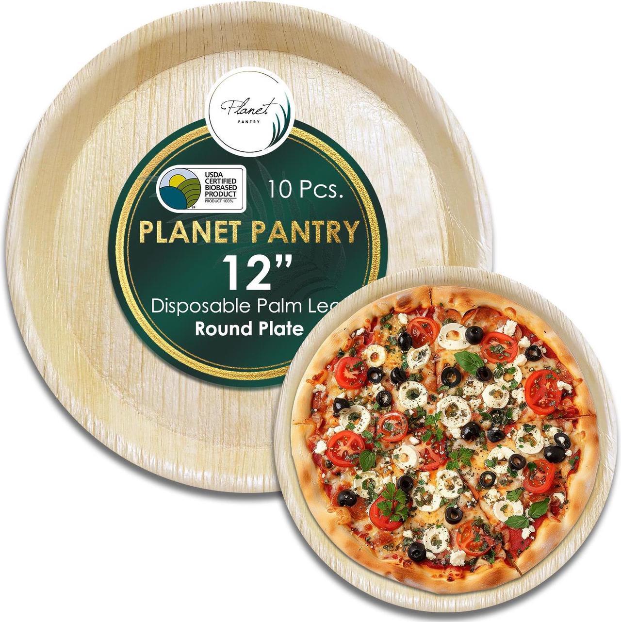 Main image of Planet Pantry Disposable Palm leaf 12" Round Tray Serving Platter (10 pcs) Wooden Bamboo-Like Plastic Alternative Eco-Friendly for Food, Party, Buffet