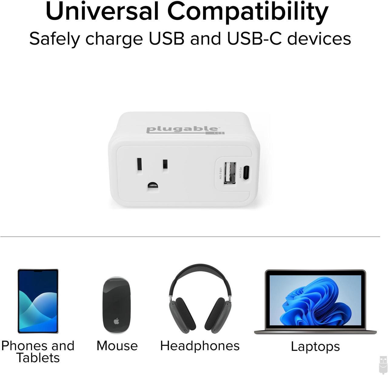 Alt view image 4 of 7 - Plugable Wall Outlet Extender with 1x USB-C and 1x USB, 32W USB C Charger Block, USBC Fast Charger for iPhone 13/14, Travel, Home, Office, Cruise Ship