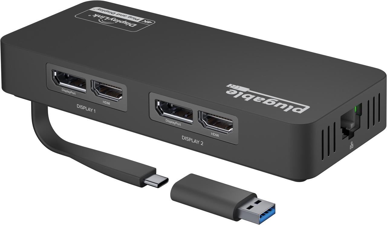 Plugable 4K DisplayPort and HDMI Dual Monitor Adapter with Ethernet for USB 3.0 and USB-C, Compatible with Windows and Mac