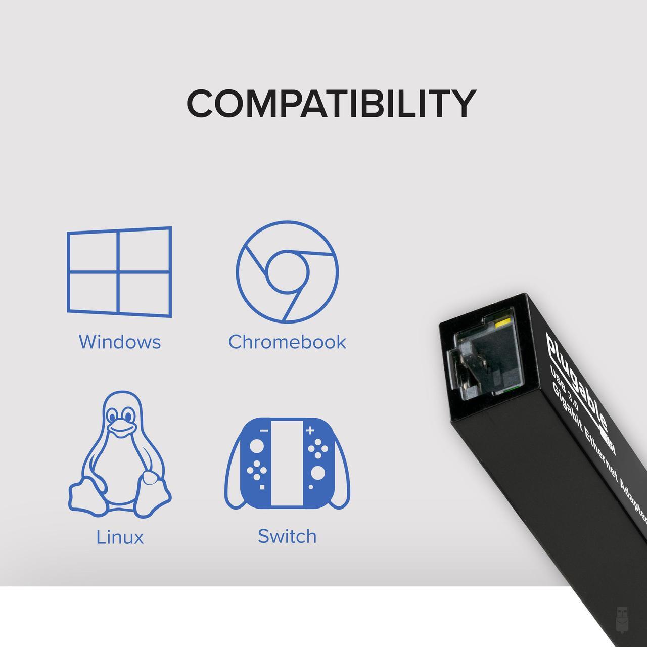 Alt view image 5 of 6 - Plugable USB to Ethernet Adapter, USB 3.0 to Gigabit Ethernet, Supports Windows 11, 10, 8.1, 7, XP, Linux, Chrome OS