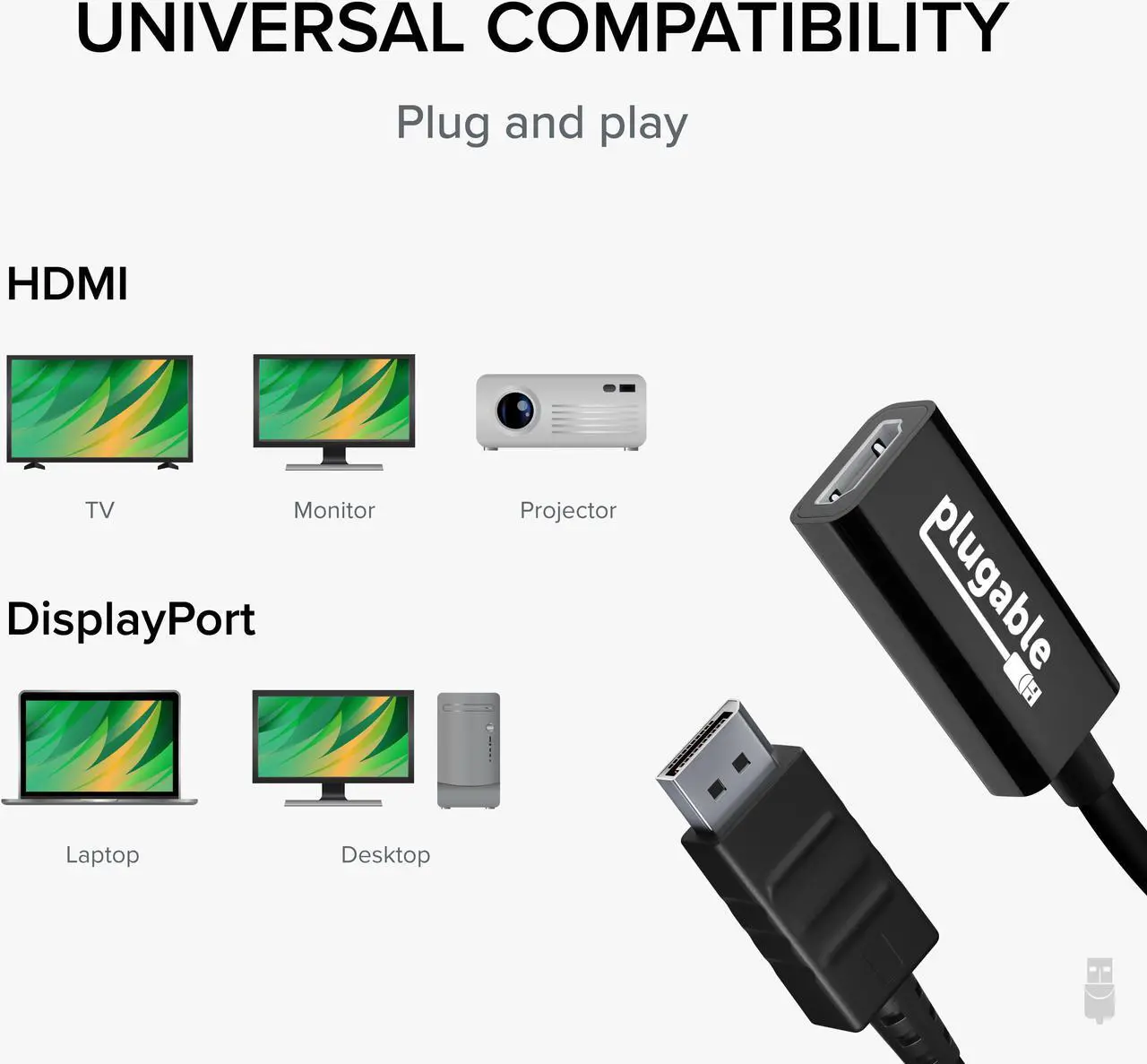 Alt view image 5 of 10 - Plugable Active DisplayPort to HDMI Adapter - Connect any DisplayPort-Enabled PC or Tablet to an HDMI Enabled Monitor, TV or Projector for Ultra-HD Video Streaming (HDMI 2.0 up to 4K 3840x2160 @60Hz)
