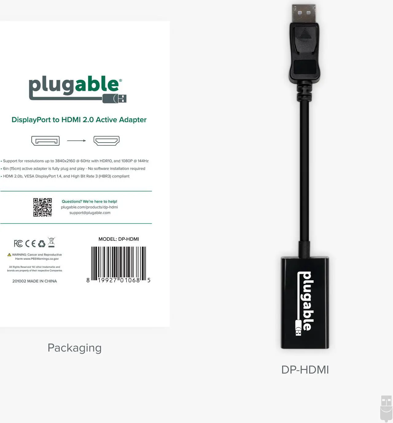 Alt view image 6 of 10 - Plugable Active DisplayPort to HDMI Adapter - Connect any DisplayPort-Enabled PC or Tablet to an HDMI Enabled Monitor, TV or Projector for Ultra-HD Video Streaming (HDMI 2.0 up to 4K 3840x2160 @60Hz)