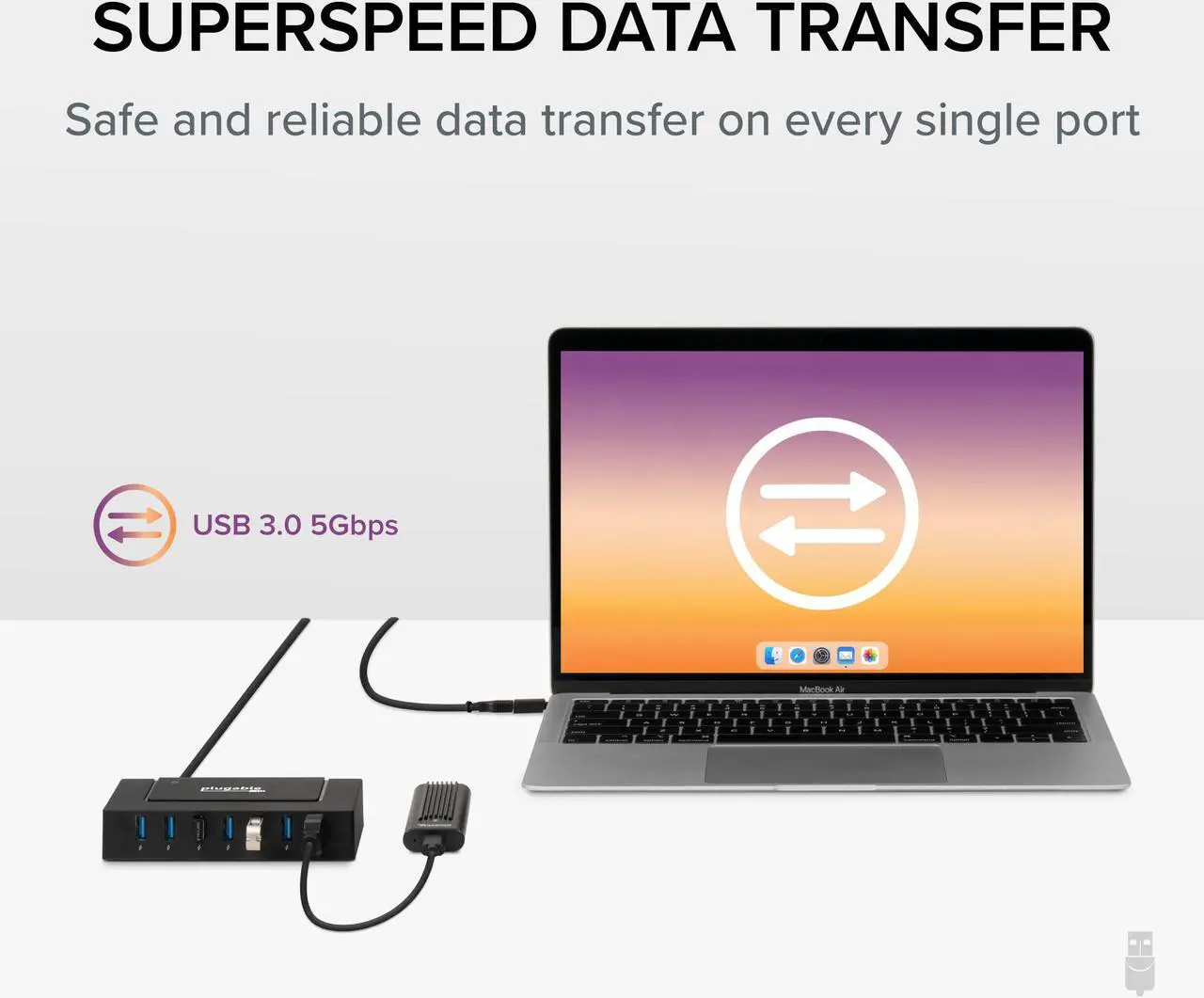 Alt view image 6 of 17 - Plugable 7-in-1 USB Powered Hub for Laptops with USB-C or USB 3.0 - USB Power Station for Multiple Devices and USB Data Transfer with a 60W Power Adapter, Driverless