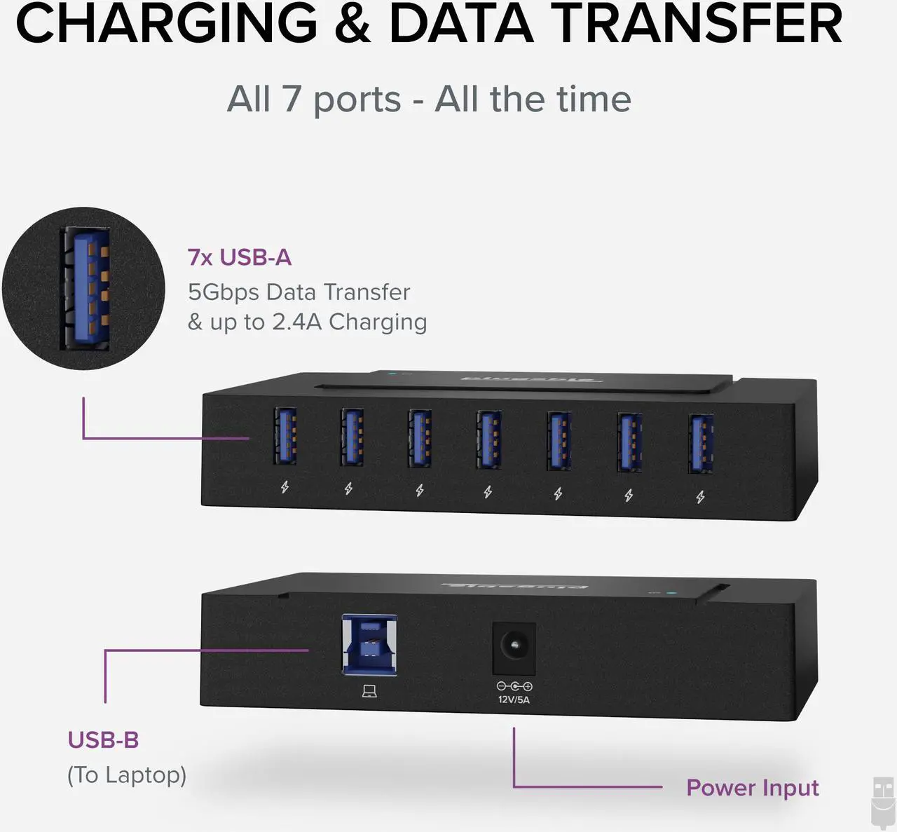Alt view image 3 of 17 - Plugable 7-in-1 USB Powered Hub for Laptops with USB-C or USB 3.0 - USB Power Station for Multiple Devices and USB Data Transfer with a 60W Power Adapter, Driverless