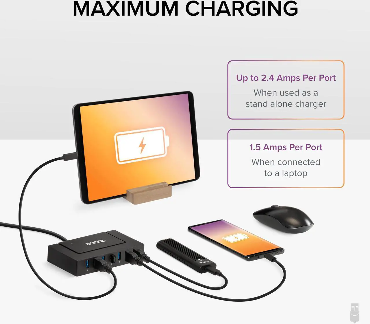 Alt view image 5 of 17 - Plugable 7-in-1 USB Powered Hub for Laptops with USB-C or USB 3.0 - USB Power Station for Multiple Devices and USB Data Transfer with a 60W Power Adapter, Driverless