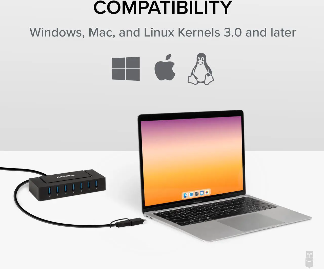 Alt view image 7 of 17 - Plugable 7-in-1 USB Powered Hub for Laptops with USB-C or USB 3.0 - USB Power Station for Multiple Devices and USB Data Transfer with a 60W Power Adapter, Driverless