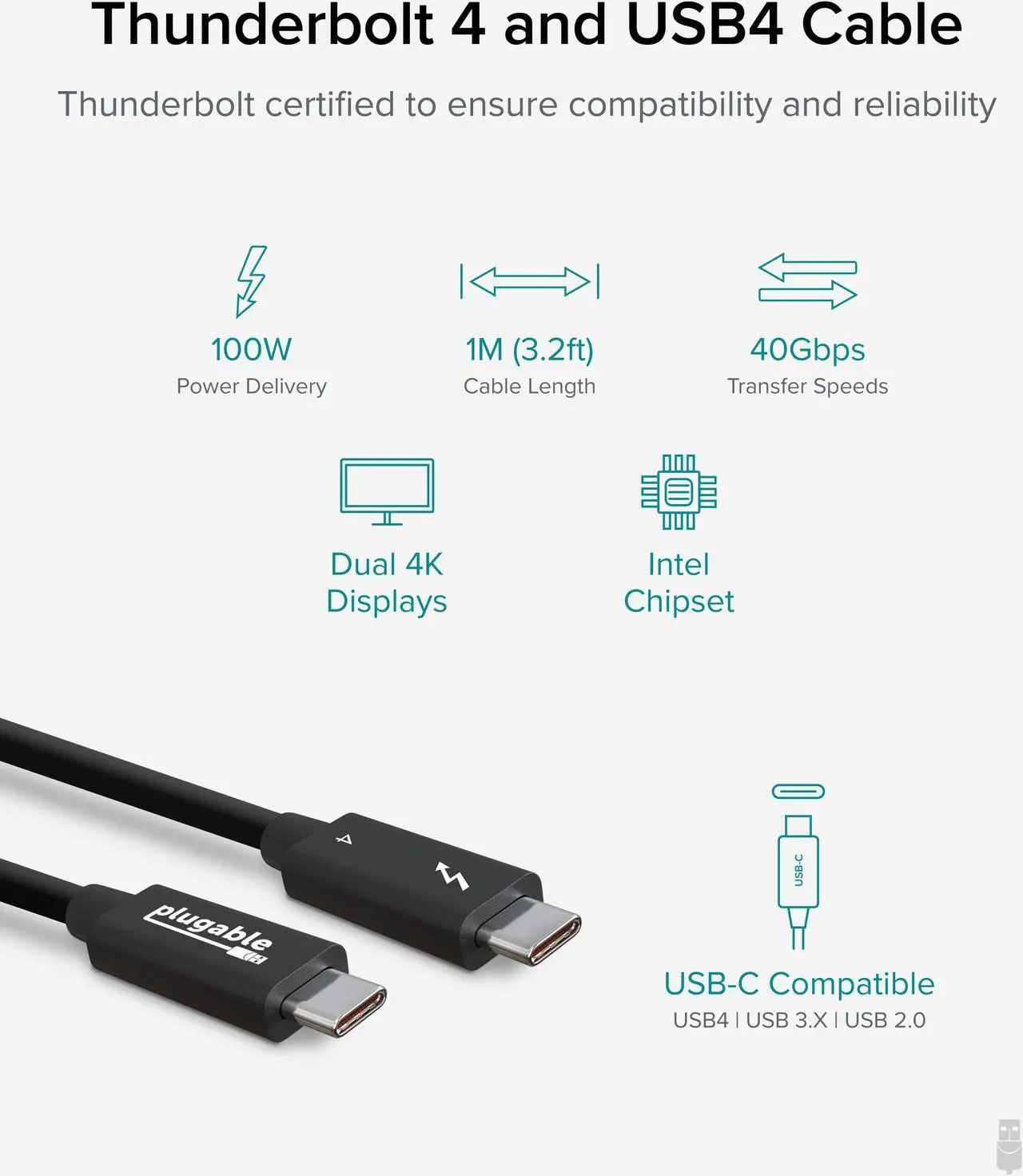 Alt view image 2 of 14 - Plugable Thunderbolt 4 Cable [Thunderbolt Certified] 3.3ft USB4 Cable with 100W Charging, Single 8K or Dual 4K Displays, 40Gbps Data Transfer, Compatible with Thunderbolt, USB4, USB-C - Driverless