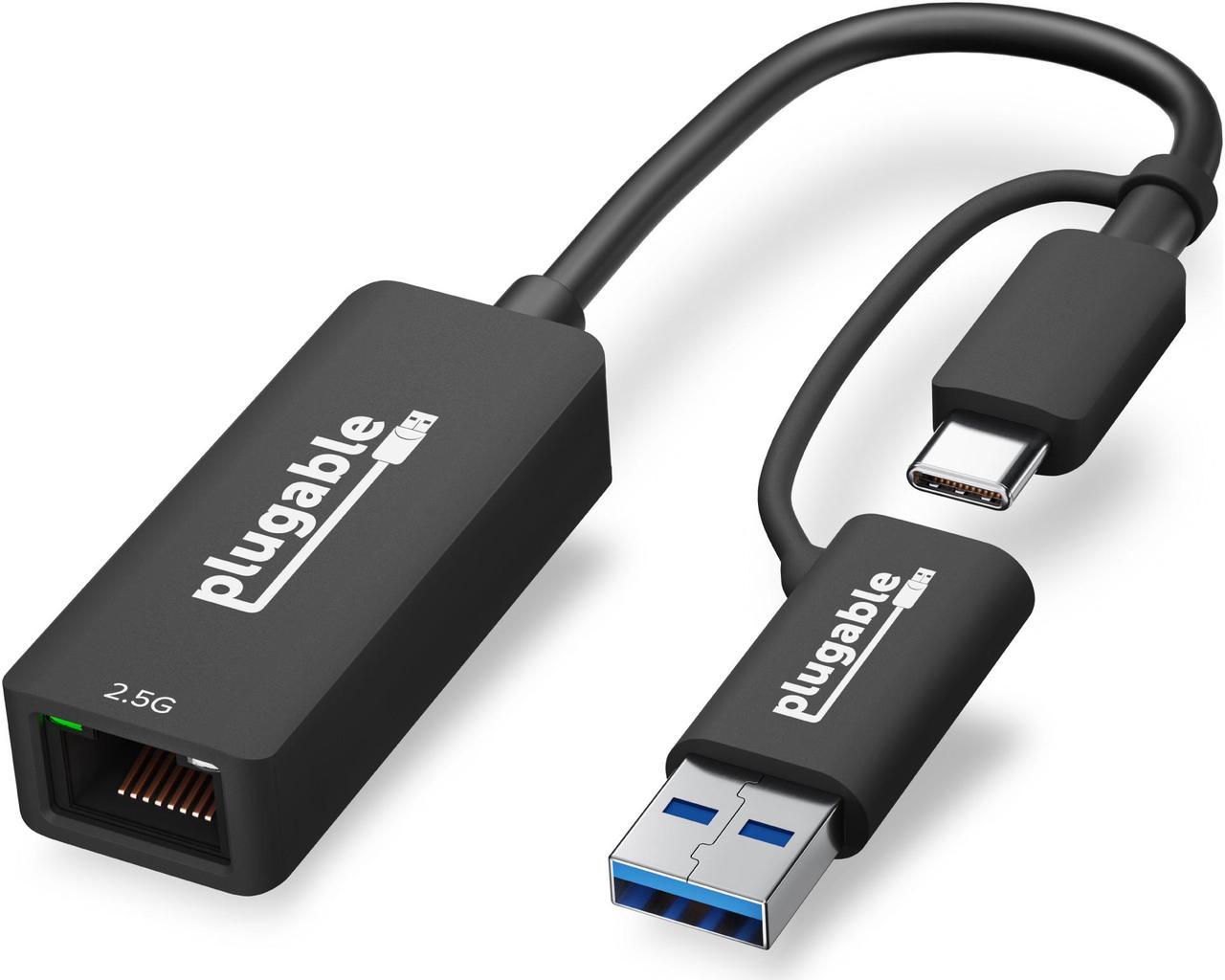 Plugable 2.5G USB C and USB to Ethernet Adapter, 2-in-1 Adapter Compatible with USB-C Thunderbolt 3 or USB 3.0, USB-C to RJ45 2.5 Gigabit LAN Ethernet, Compatible with Mac and Windows