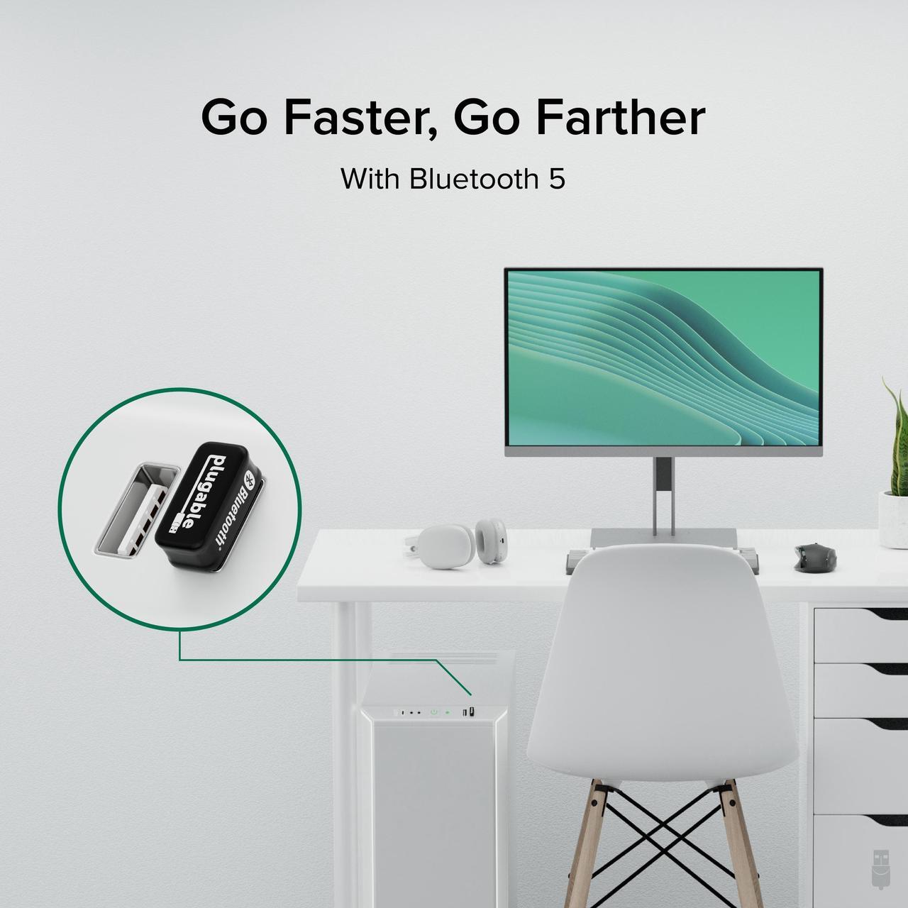 Alt view image 2 of 14 - Plugable USB to Bluetooth 5.0 Adapter for Windows, Backward Compatible, Add 7 Devices: Headphones, Speakers, Keyboard, Mouse, Printer and More (Bluetooth Certified)
