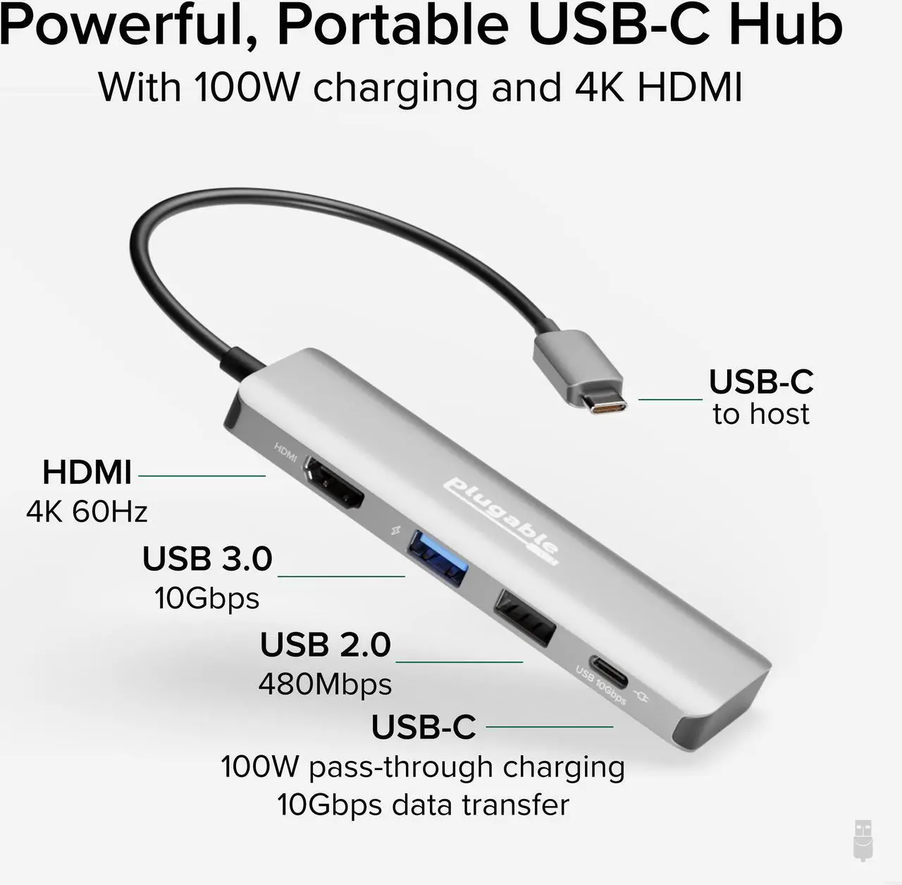 Alt view image 2 of 7 - Plugable USB C Hub Multiport Adapter, 4 in 1, 100W Pass Through Charging, USB C to HDMI 4K 60Hz, Multi USB Port Hub for Windows, Mac, Ipad Pro, Chromebook, Thunderbolt (USBC-4IN1)