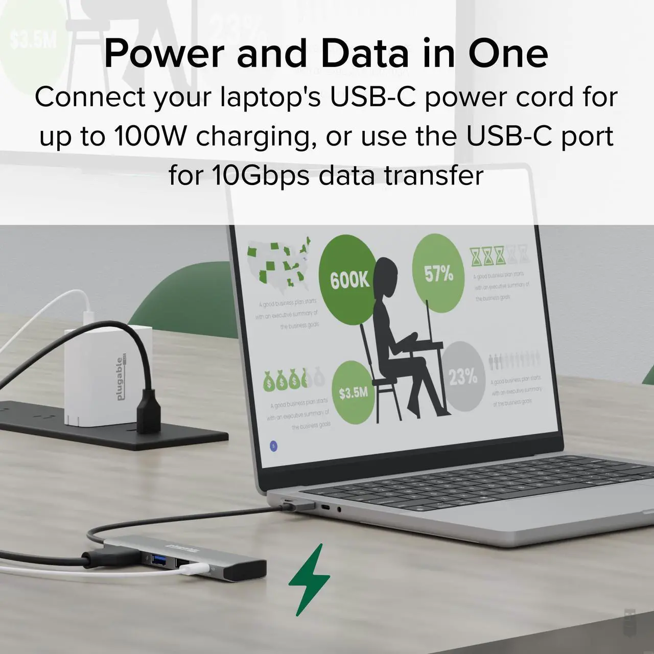 Alt view image 5 of 7 - Plugable USB C Hub Multiport Adapter, 4 in 1, 100W Pass Through Charging, USB C to HDMI 4K 60Hz, Multi USB Port Hub for Windows, Mac, Ipad Pro, Chromebook, Thunderbolt (USBC-4IN1)