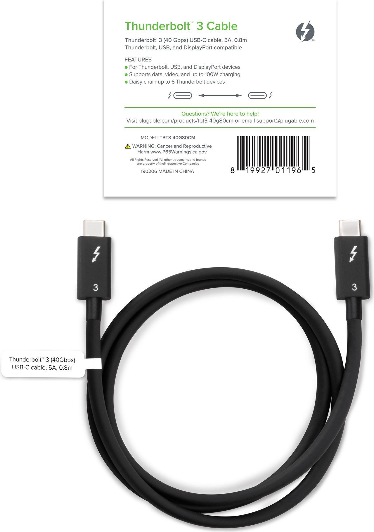 Alt view image 6 of 7 - Plugable Thunderbolt 3 Cable 40Gbps Supports 100W (20V, 5A) Charging, 2.6ft / 0.8m USB C Compatible [Thunderbolt 3 Certified] - Driverless