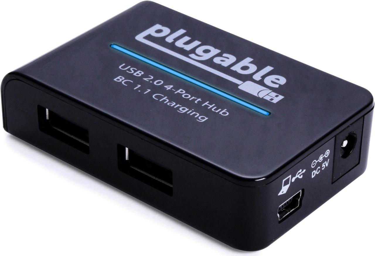 Plugable USB 2.0 4-Port High Speed Hub with 12.5W Power Adapter.