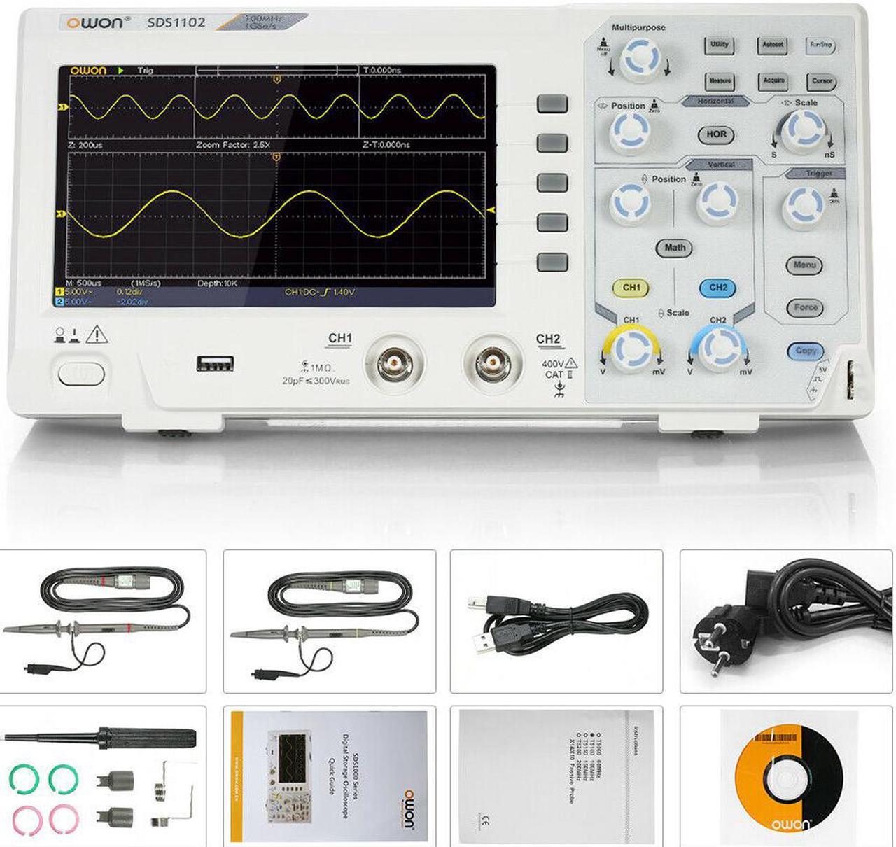 Main image of OWON SDS1102 2-Channel Digital Oscilloscope 100MHZ Digital Oscilloscope Kit for Electronic Circuit Debugging,Design and Manufacture, Education and Training, Automobile Maintenance and Testing