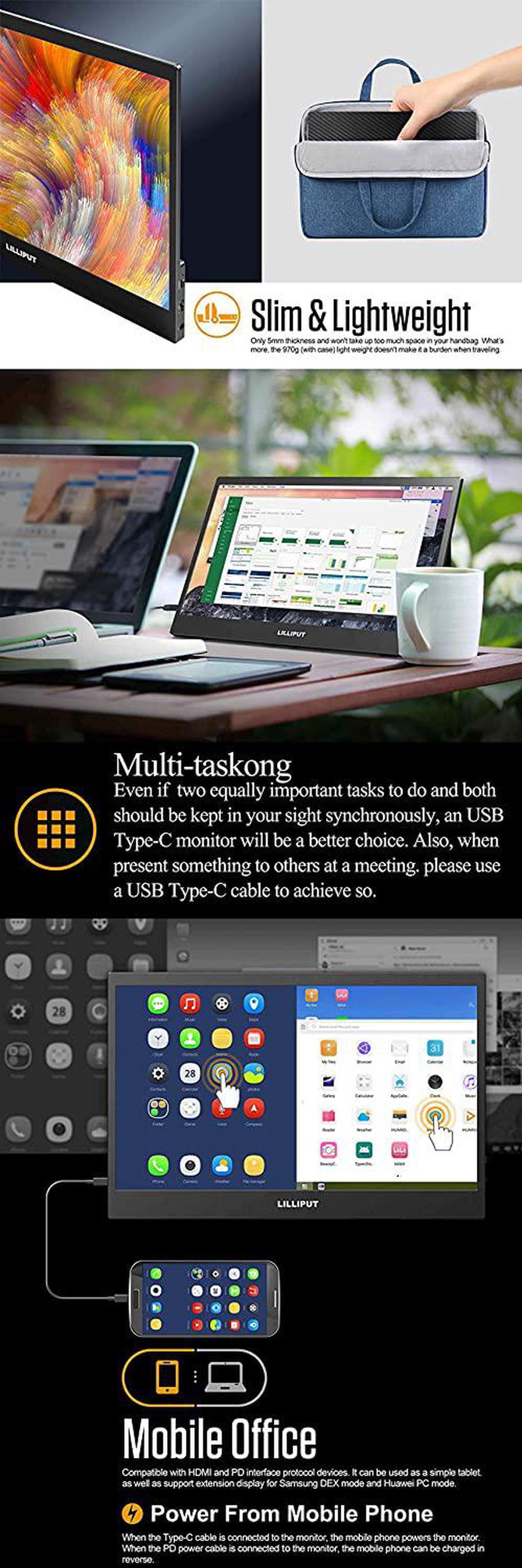 Alt view image 3 of 3 - Lilliput UMTC-1400 Portable Ultrathin 14 inch Touch Screen USB Type C Gaming Monitor for PS4 Laptop Phone Xbox Switch Pc