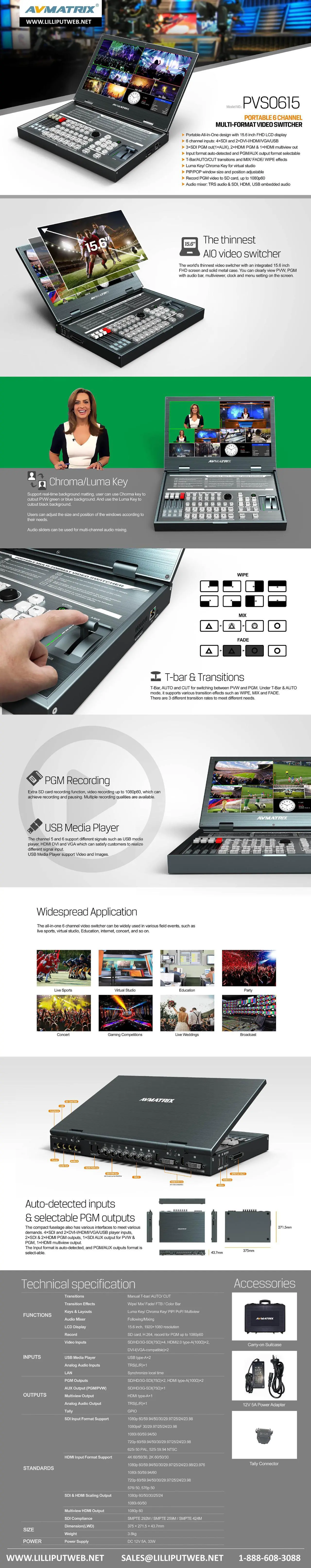 Alt view image 4 of 8 - AVMATRIX PVS0615 6CH Multi-Format Video Switcher Portable All-in-One Design with 15.6 inch FHD LCD Display 6 Channel inputs: 4×SDI and 2×DVI-I/HDMI/VGA/USB
