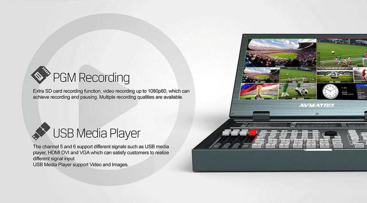 Main image of AVMATRIX PVS0615 6CH Multi-Format Video Switcher Portable All-in-One Design with 15.6 inch FHD LCD Display 6 Channel inputs: 4×SDI and 2×DVI-I/HDMI/VGA/USB