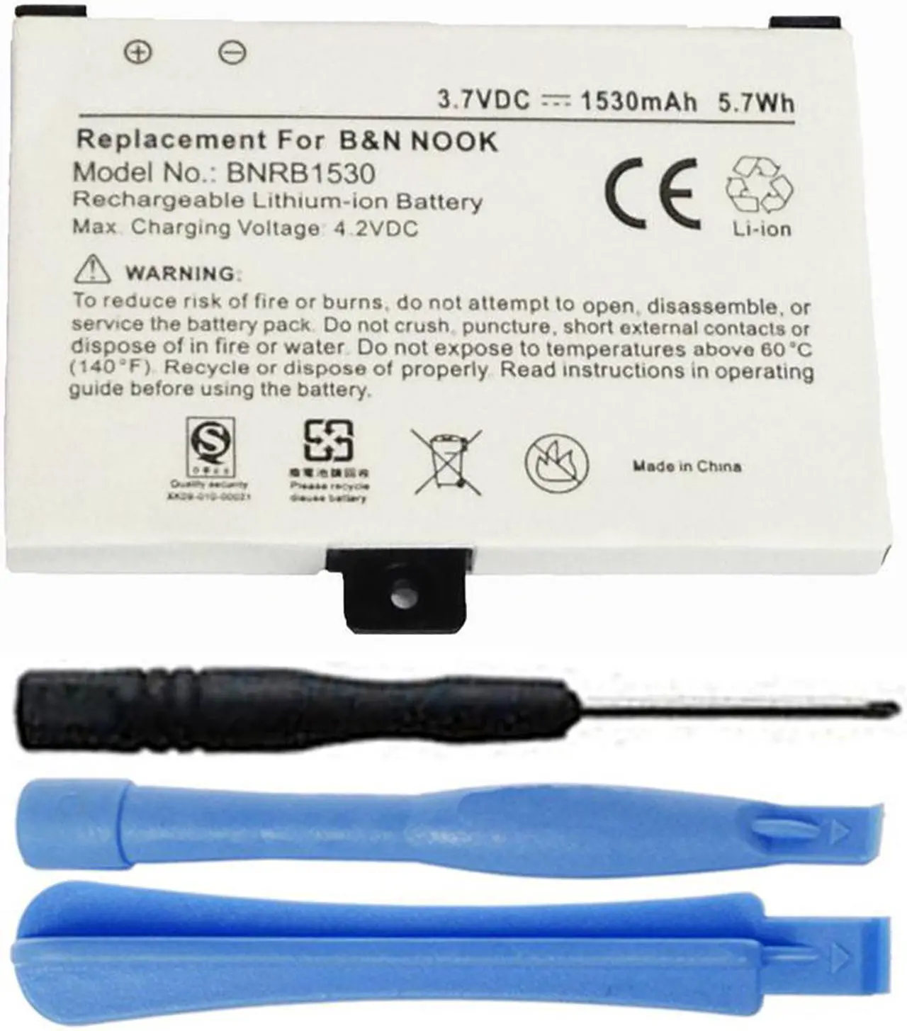 Main image of Replacement 1530mAh BNRZ1000, 9BS11GTFF10B3, BNRB454261, BNRB1530 Battery for Barnes & Noble Nook 1st Edition, Nook Classic, BNRV100, BNRZ100 Digital eReader with Installation Tools