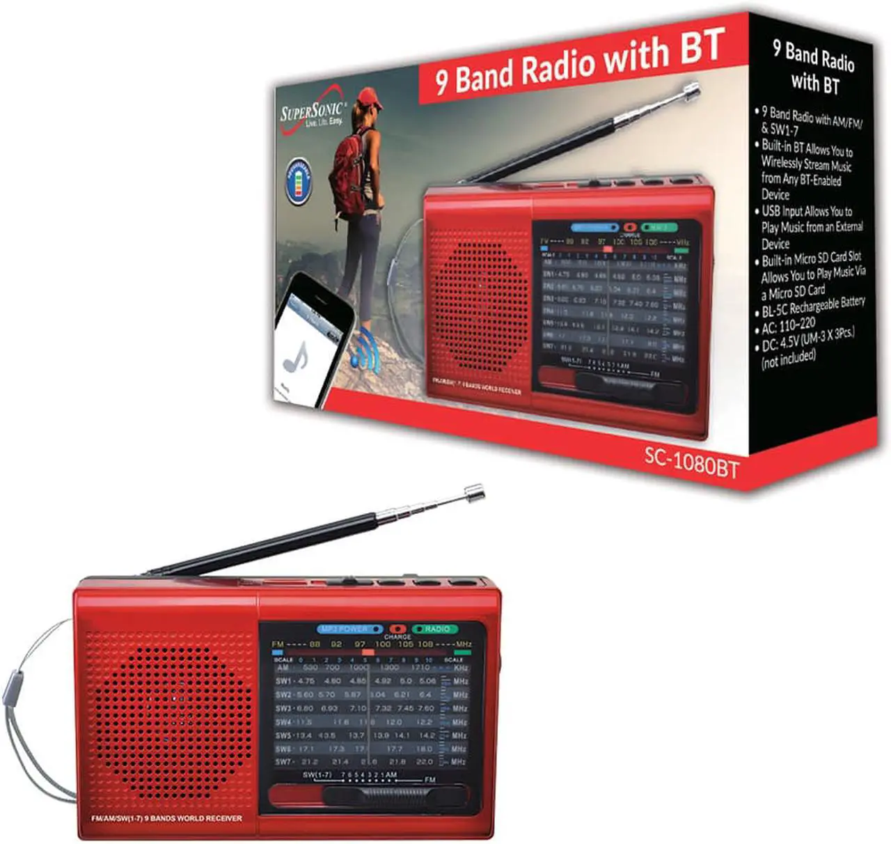 Alt view image 3 of 14 - 9 BAND BT/USB/SD RDIO RED