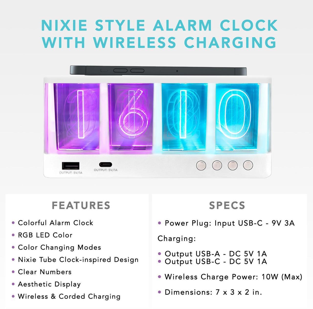 Alt view image 2 of 7 - Maximal Power Vintage Glow Alarm Clock Nixie Style with Wireless Charger Station for Smartphones - LED Light Multicolor Number Display - White Base