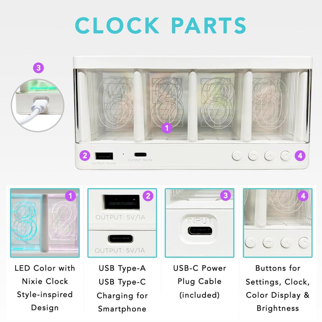 Alt view image 3 of 7 - Maximal Power Vintage Glow Alarm Clock Nixie Style with Wireless Charger Station for Smartphones - LED Light Multicolor Number Display - White Base