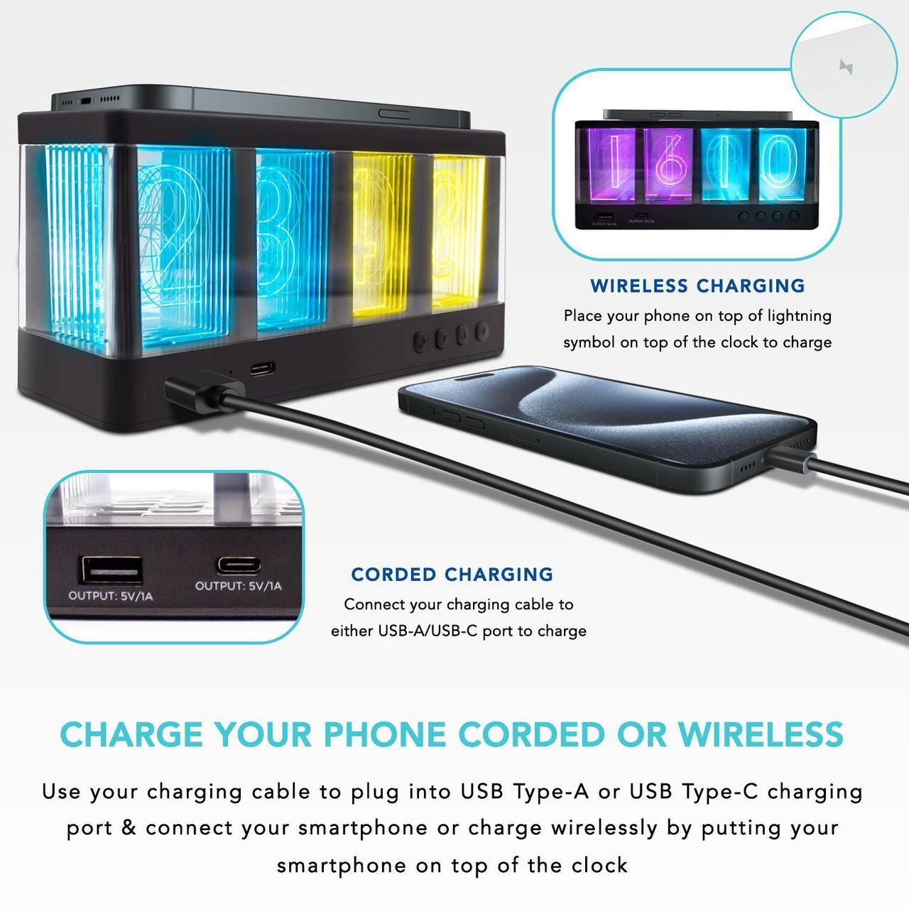 Alt view image 4 of 7 - Maximal Power Vintage Glow Alarm Clock Nixie Style with Wireless Charger Station for Smartphones - LED Light Multicolor Number Display - White Base