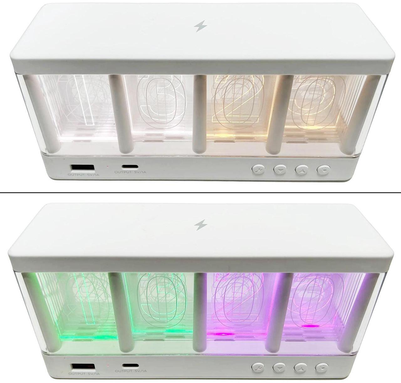 Alt view image 6 of 7 - Maximal Power Vintage Glow Alarm Clock Nixie Style with Wireless Charger Station for Smartphones - LED Light Multicolor Number Display - White Base