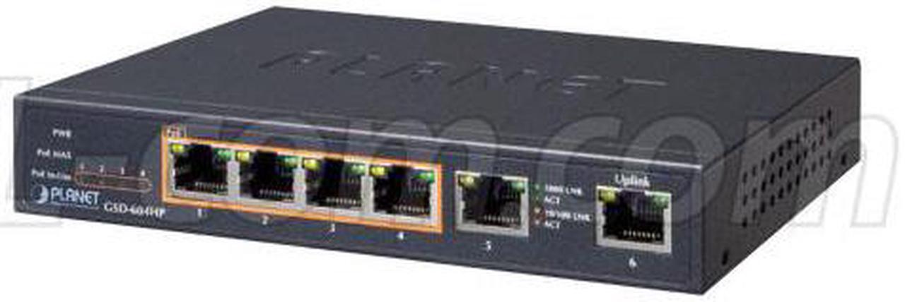 Alt view image 4 of 4 - PLANET Technology - GSD-604HP - 4-Port 10/100/1000T 802.3at POE + 2-Port 10/100/1000T Desktop Switch (55W POE Budget,