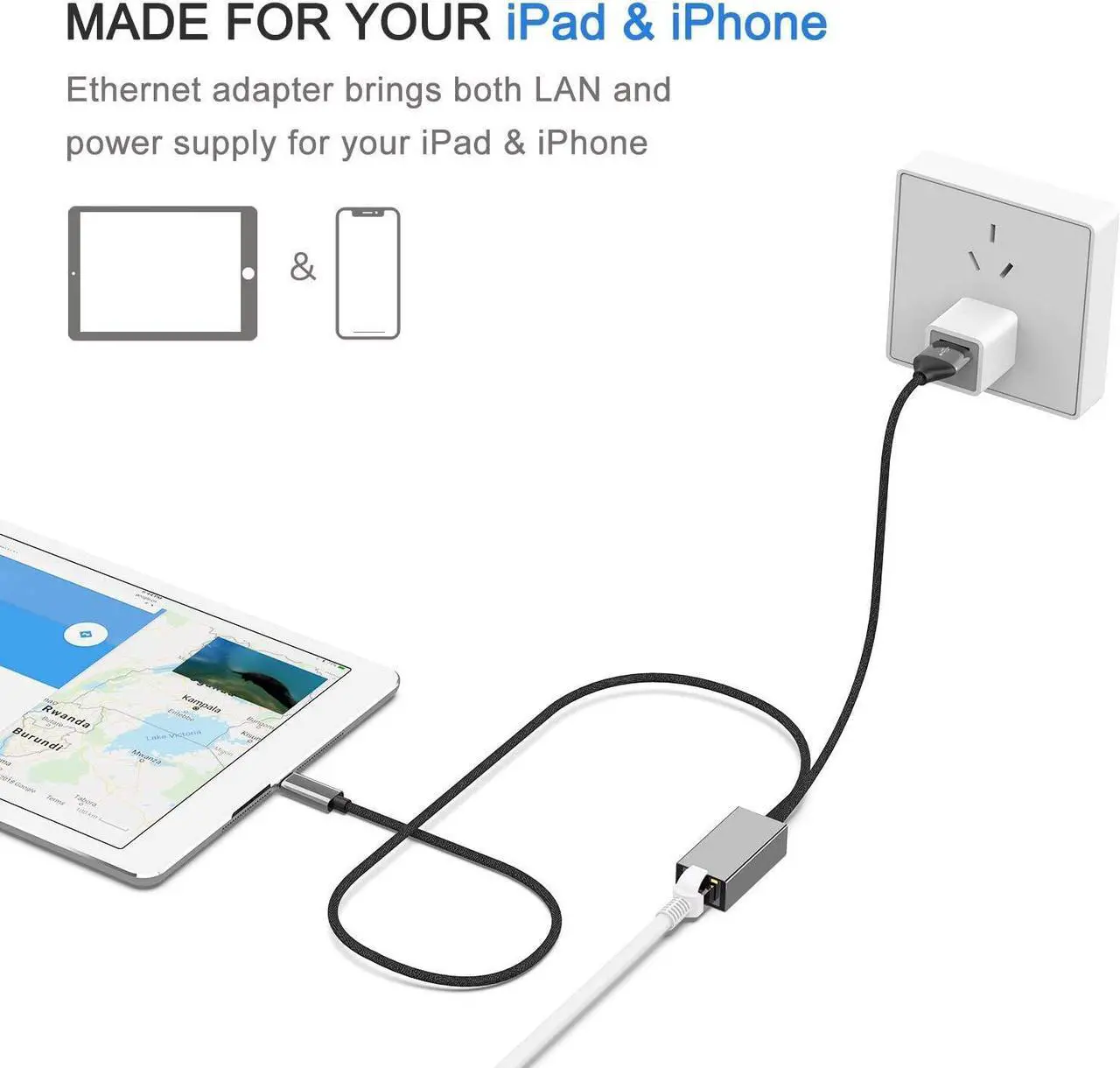 Alt view image 4 of 4 - iPhone iPad Ethernet Adapter, Lightning to LAN RJ45 Port, Wired Network for Apple iOS