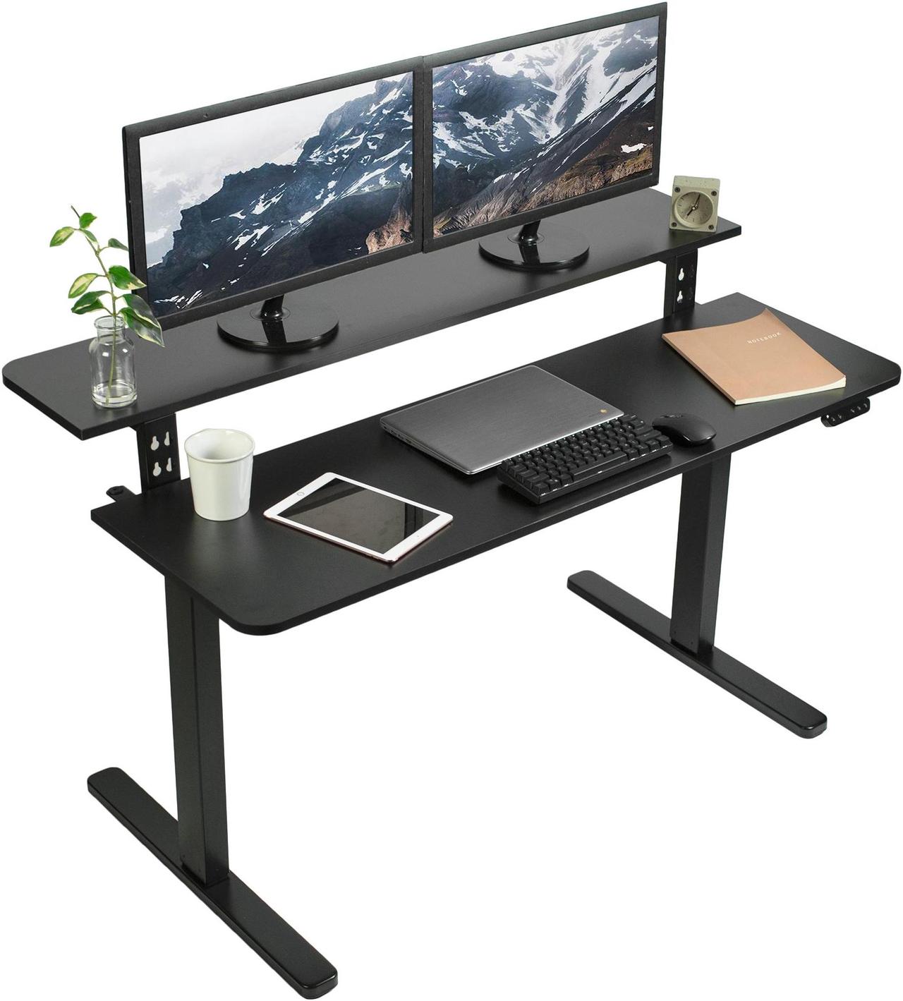 Main image of VIVO Black 2 Tier Electric 55" x 28" Sit Stand Desk, Ergonomic Height Adjustable Workstation (DESK-E-T55B)