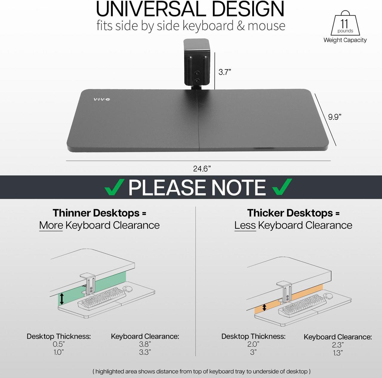 Alt view image 4 of 7 - VIVO Black 25 x 10 inch Clamp-on Rotating Computer Keyboard and Mouse Tray, Extra Sturdy Single Desk Clamp, MOUNT-KB01CB