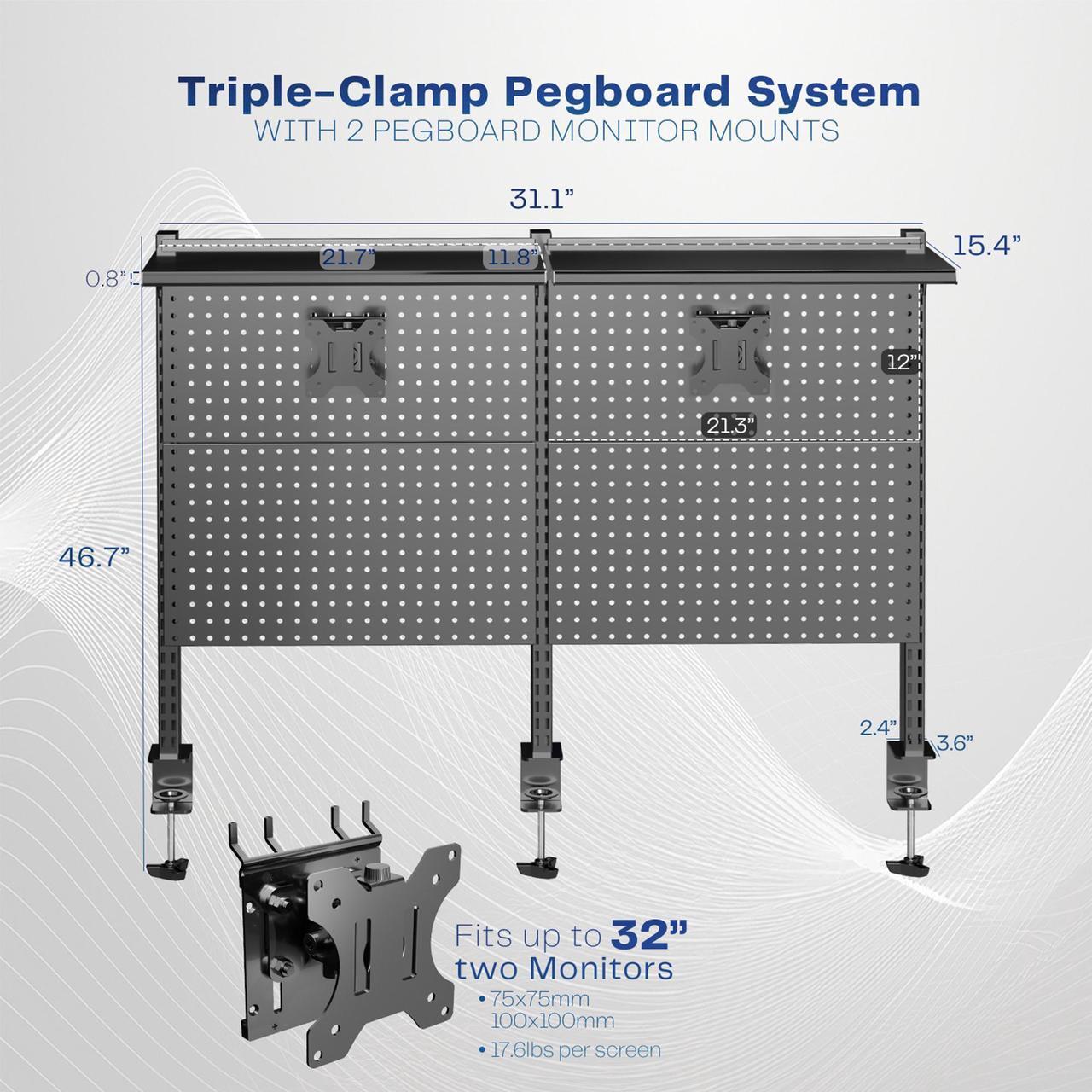 Alt view image 2 of 6 - VIVO Steel Triple Clamp 47 x 31 inch Desk Pegboard System with 2 Monitor Mounts and Storage Shelf, PP-DK48SB
