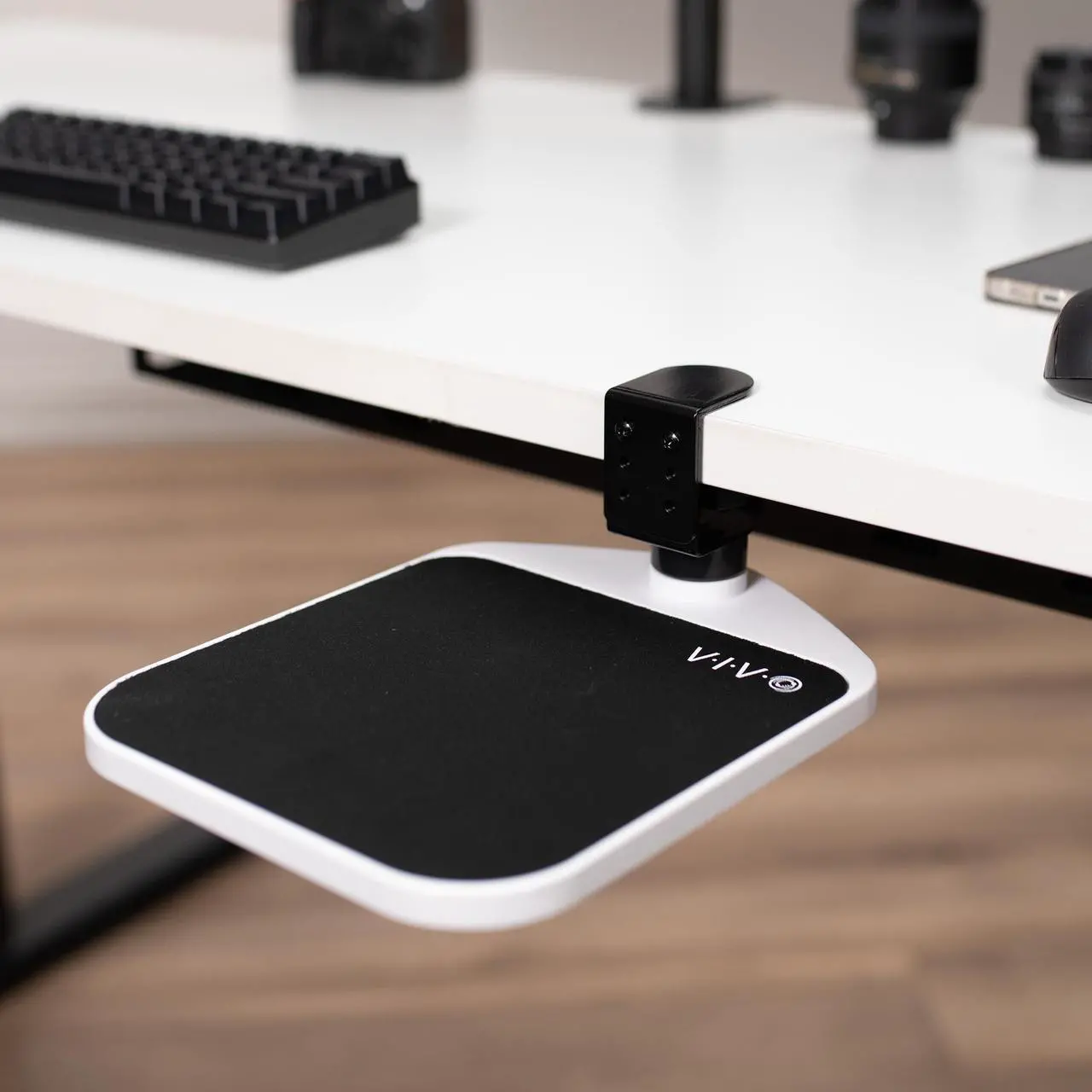 Alt view image 2 of 7 - VIVO White Rotating Desk Clamp Adjustable Computer Mouse Pad and Device Holder