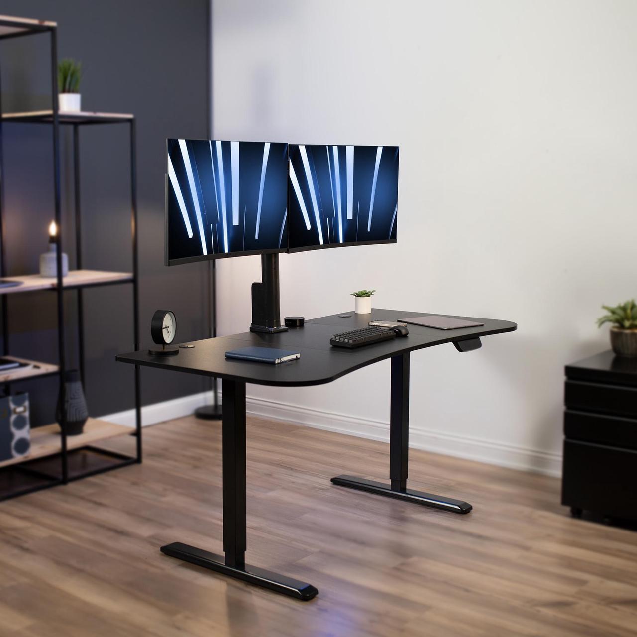 Alt view image 2 of 7 - VIVO Black 63" x 32" Electric Stand Up Desk with Motorized Dual Monitor Mount and 3 Section Table Top (DESK-KIT-SET1B)