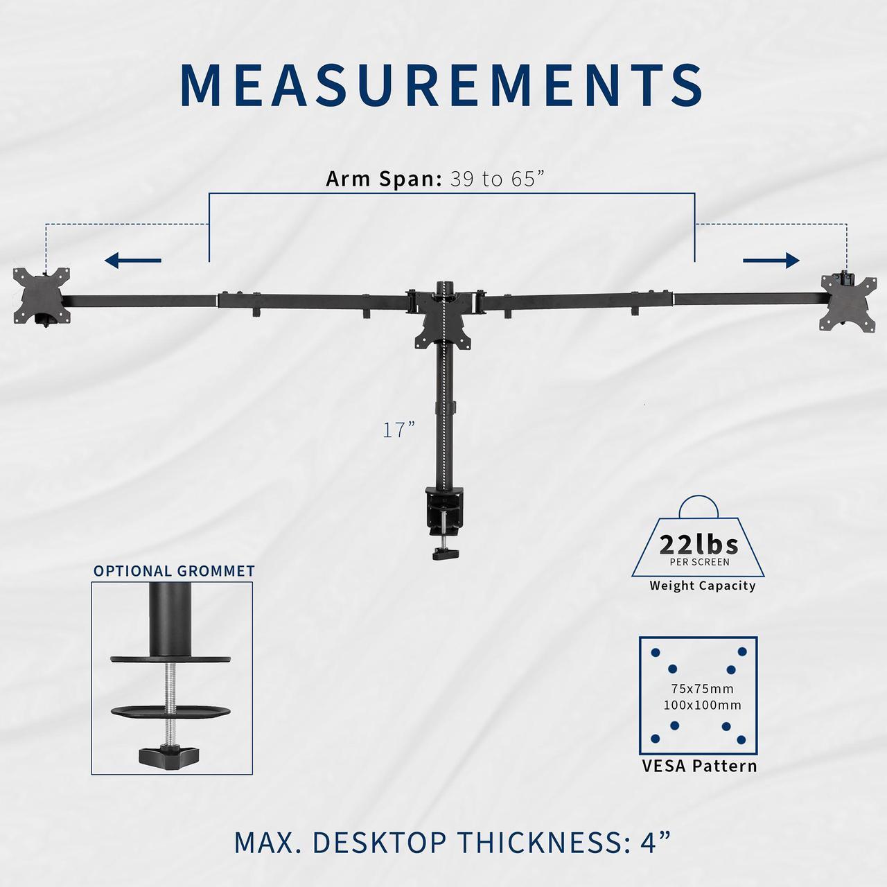 Alt view image 3 of 7 - VIVO Telescoping Triple LCD Monitor Desk Mount Stand for Screens up to 22 lbs Each, Black, STAND-TS03C