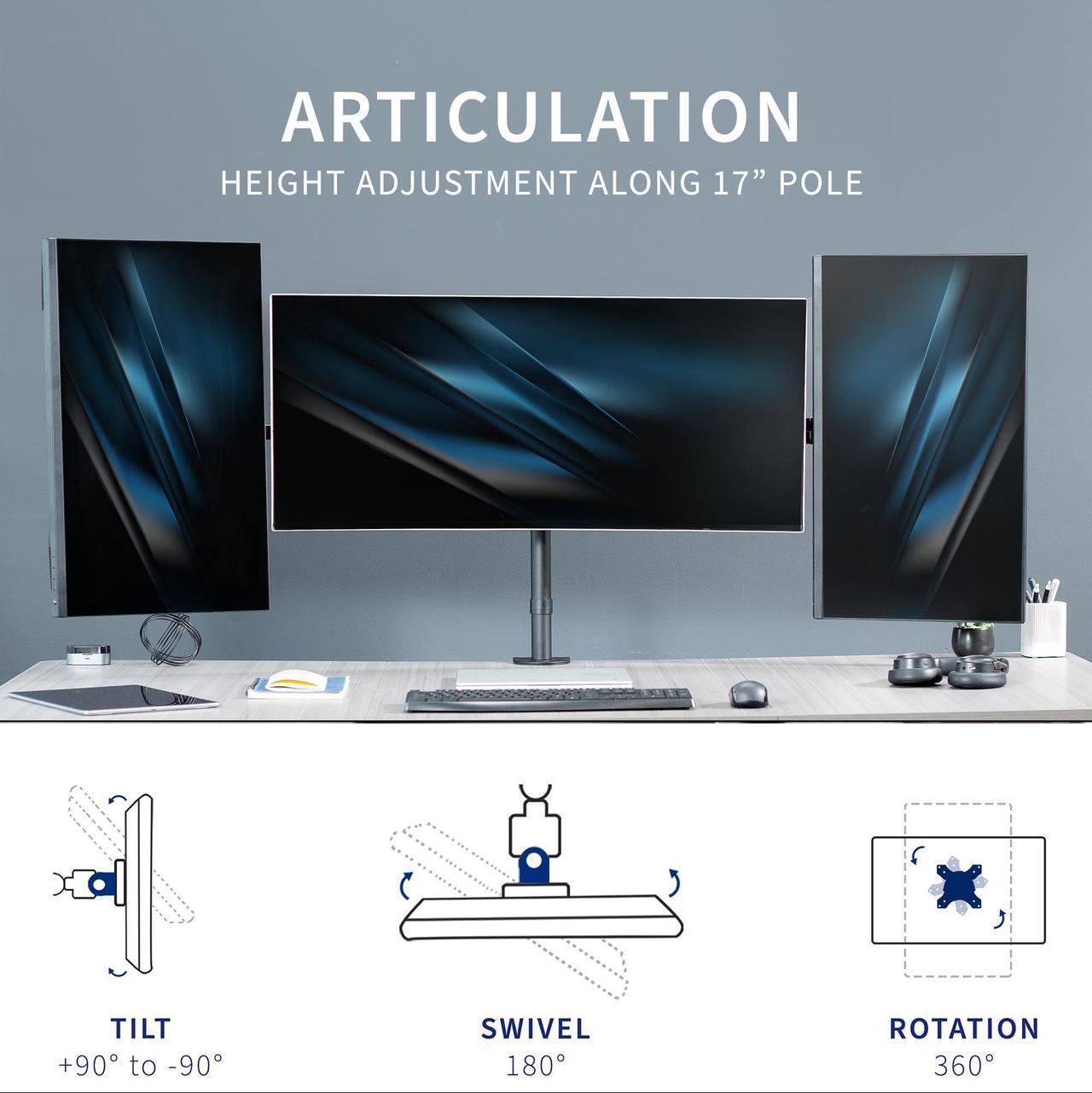 Alt view image 5 of 7 - VIVO Telescoping Triple LCD Monitor Desk Mount Stand for Screens up to 22 lbs Each, Black, STAND-TS03C