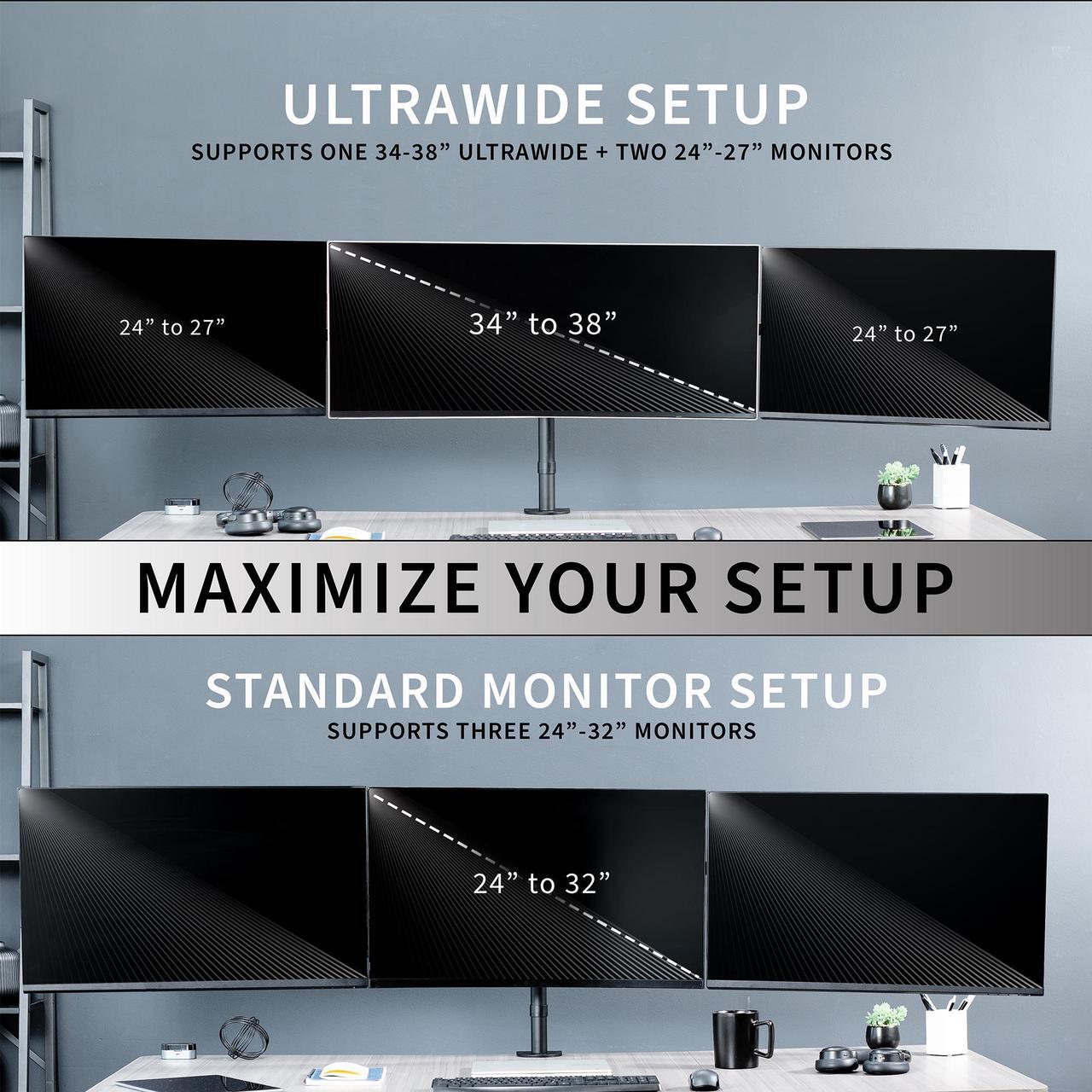 Alt view image 7 of 7 - VIVO Telescoping Triple LCD Monitor Desk Mount Stand for Screens up to 22 lbs Each, Black, STAND-TS03C