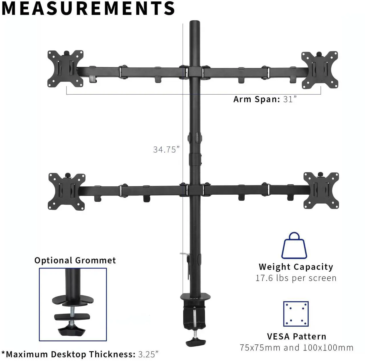 Alt view image 4 of 7 - VIVO Quad LCD Monitor Desk Mount Stand Heavy Duty Fully Adjustable fits Four Screens up to 30" (STAND-V004)