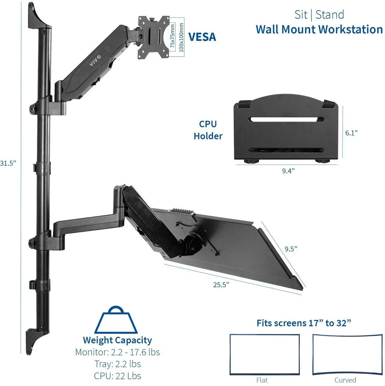 Alt view image 3 of 7 - VIVO Sit-Stand Height Adjustable Pneumatic Arm Wall Mount for 1 Screen up to 32"