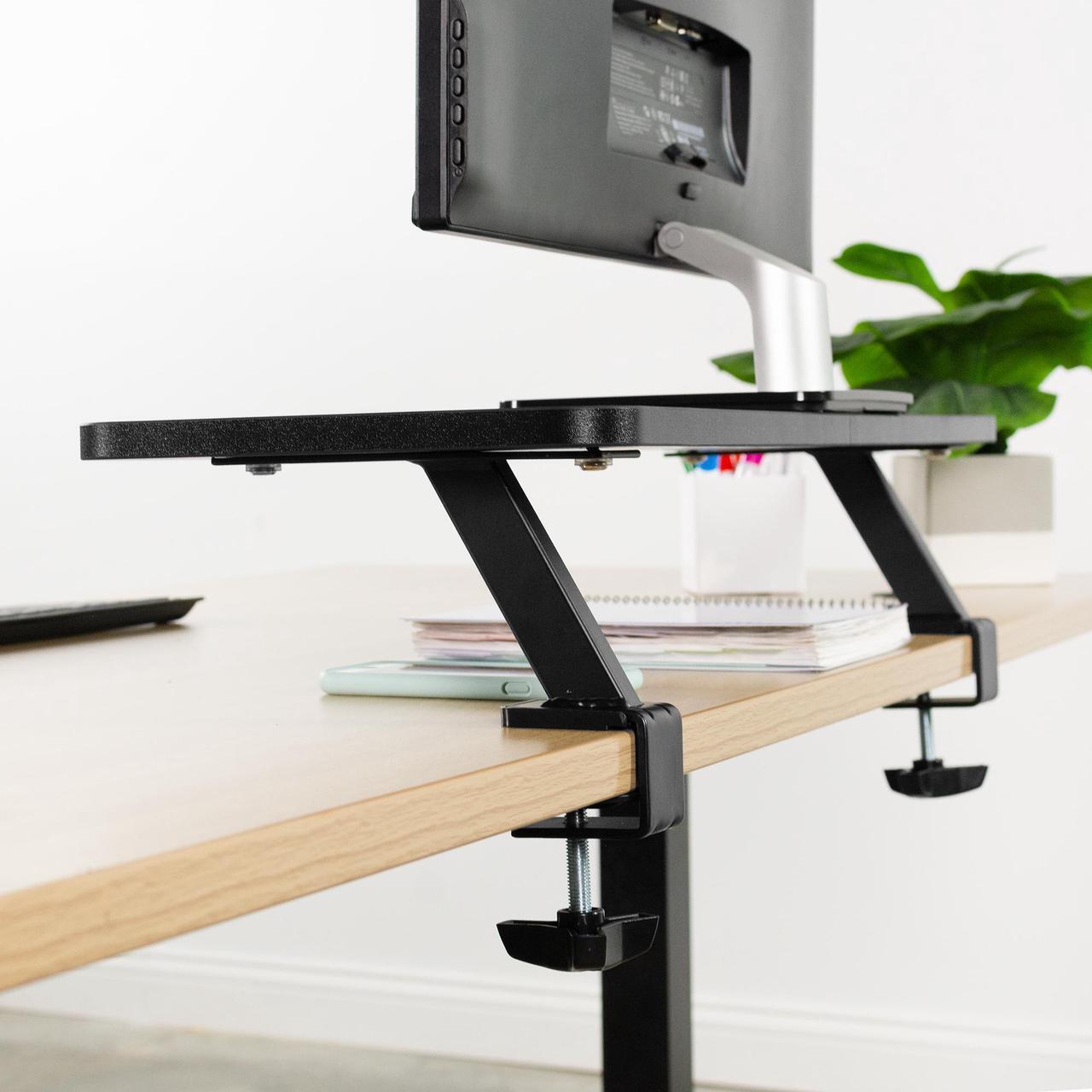 Alt view image 7 of 7 - VIVO Black 26" Clamp-on Small Ergonomic Desk Shelf | Single Monitor Laptop Riser Desk Organizer (STAND-SHELF24B)