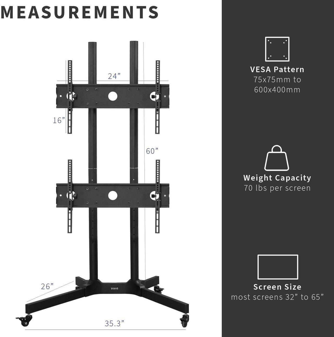 Alt view image 5 of 7 - VIVO Dual TV Cart Mount for LCD LED Plasma Flat Panel | Fits 32" to 65" Screens