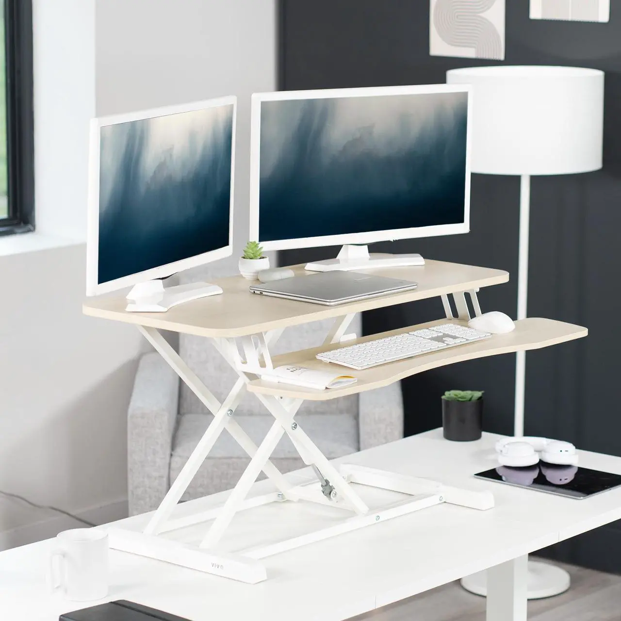 Alt view image 2 of 7 - VIVO Light Wood Height Adjustable 36" Standing Desk Monitor Riser, White Frame