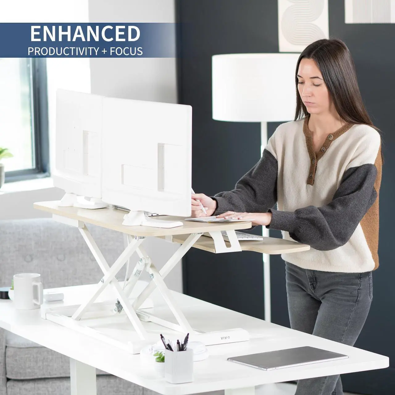 Alt view image 4 of 7 - VIVO Light Wood Height Adjustable 36" Standing Desk Monitor Riser, White Frame